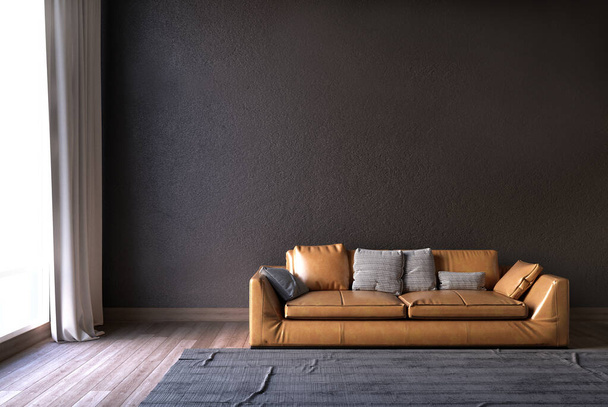 Σαλόνι με καναπέ και γκρι φόντο στον τοίχο. 3D εικονογράφηση - Φωτογραφία, εικόνα