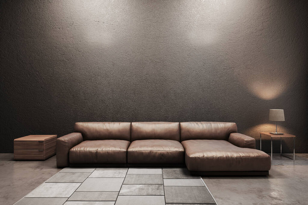 Salon contemporain canapé, bureau, lampe et tapis avec fond mural gris. Illustration 3D
 - Photo, image