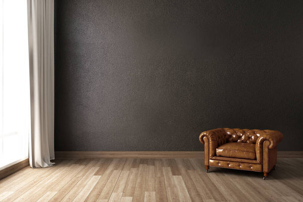 Sala de estar com poltrona e fundo de parede cinza. Ilustração 3D
 - Foto, Imagem