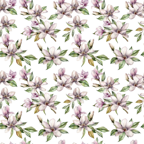 Υδατογραφία magnolias αδιάλειπτη μοτίβο. Χειροποίητη floral κάρτα με λουλούδια, φύλλα, κλαδιά και μπουμπούκια που απομονώνονται σε λευκό φόντο. Εικονογράφηση άνοιξη για το σχεδιασμό, εκτύπωση, ύφασμα ή φόντο. - Φωτογραφία, εικόνα