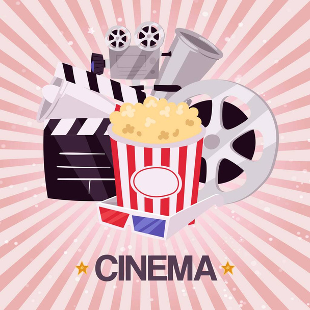 Kino-Film und Popcorn-Schüssel, Filmstreifen und Kino-Video-Attribute Retro-Vektorillustration. - Vektor, Bild