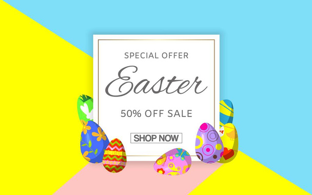 Easter sale with easter eggs hunt banner for special offers, shop now cartoon vector illustration. - Vektor, Bild