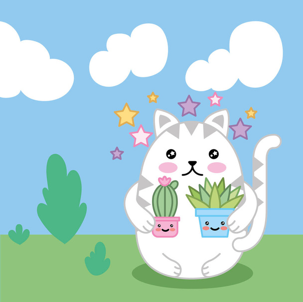 lindo pequeño gato con plantas en el campo kawaii carácter
 - Vector, Imagen