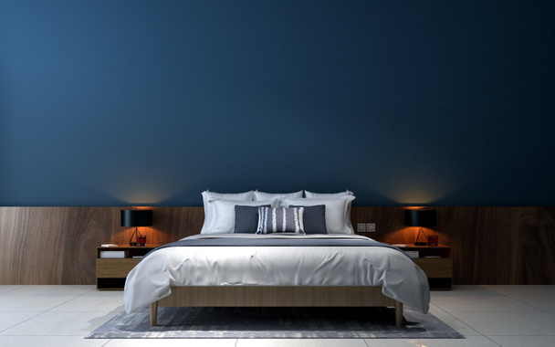 Moderne Loft Schlafzimmer Innenarchitektur und blaue Wand Textur Hintergrundmuster - Foto, Bild