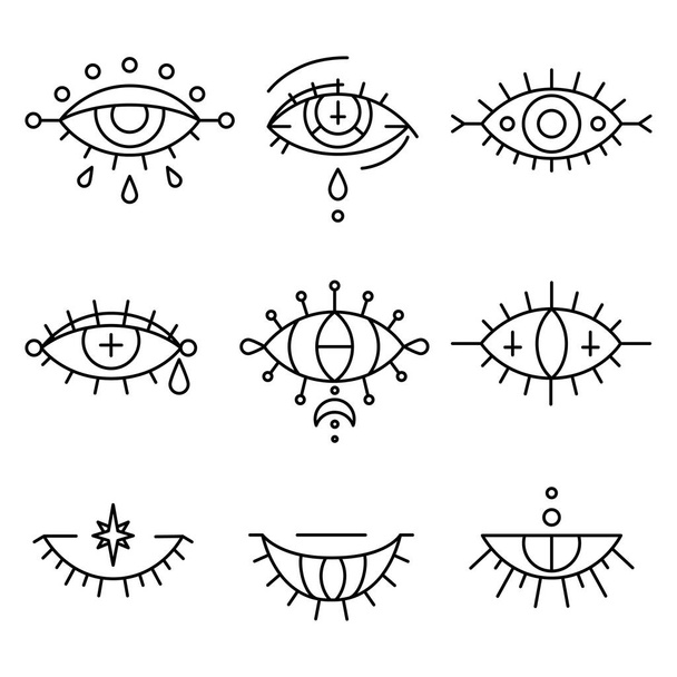 Gonosz szemek, kézzel rajzolt stílusban. Okkultizmus, mágikus és ezoterikus szimbólumok, vonalművészeti gyűjtemény. Dekorációs készlet gondviselés látvány, szent jelek és karma. Titokzatos amulettek, tetoválásra szánt talizmánok - Vektor, kép