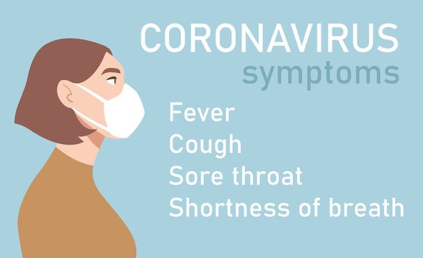 Donna in maschera medica bianca. Coronavirus in World. Concetto di quarantena del coronavirus. Sintomi di COVID-19 (2019-nCoV
) - Vettoriali, immagini