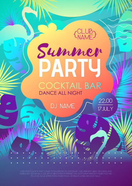 Buntes Sommerdisco-Party-Poster mit fluoreszierenden tropischen Blättern und Flamingo. Hintergrund zur Sommerzeit - Vektor, Bild
