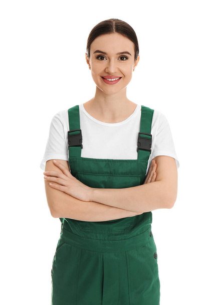 Portrait of professional auto mechanic on white background - Foto, imagen