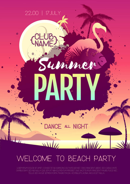 Πολύχρωμο καλοκαιρινό disco party poster με φθορίζοντα τροπικά φύλλα και φλαμίνγκο. Καλοκαίρι φόντο παραλία - Διάνυσμα, εικόνα