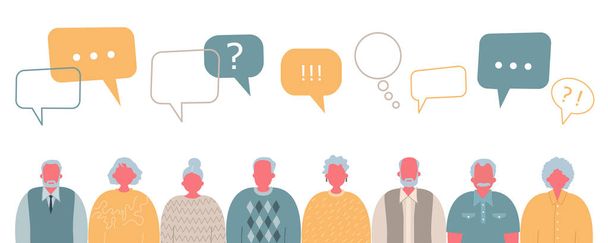 Community of older people. Communication of elderly men and elderly women. People icons with speech bubbles. Vector illustration. - Vector, Image
