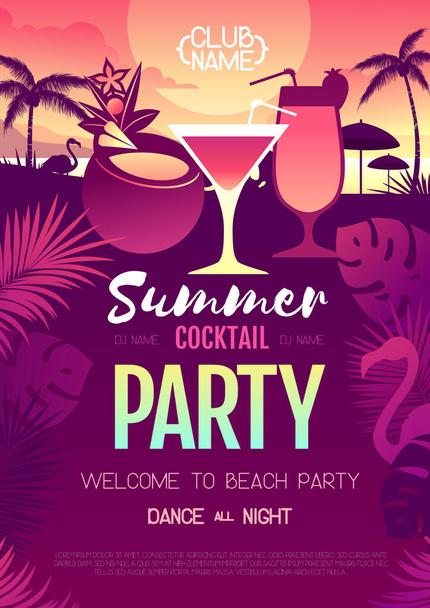 Kleurrijke zomer cocktail disco party poster met fluorescerende tropische bladeren en flamingo. Zomer strand achtergrond - Vector, afbeelding
