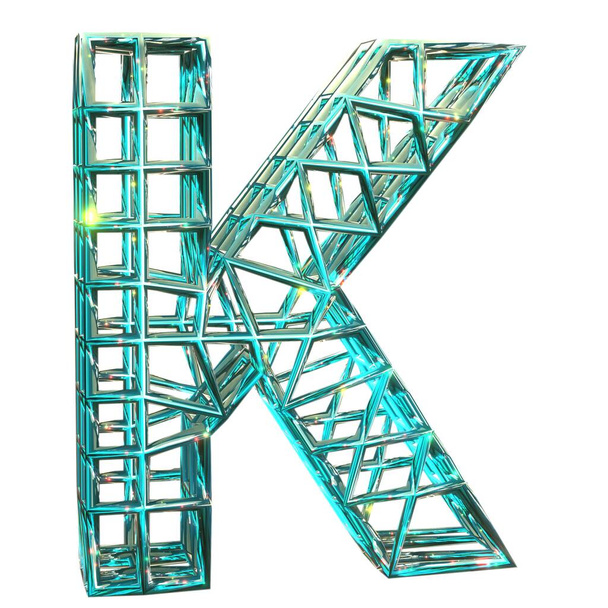 3D-s renderelés. Nagybetűs K. Net nagy felbontású szimbólum renderelés. Cool Sparkling aquamarine betűtípus. Varázslatos fény. Fehér alapon elszigetelve. - Fotó, kép