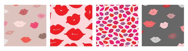 Collection of vector patterns. Lovely hand-drawn lipstick feminine textures. Variety of elements on a soft background for textiles and fabric design. - Vector, Image