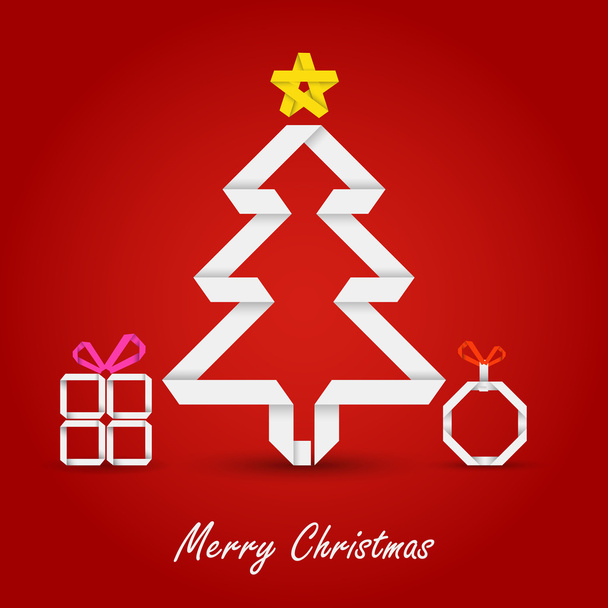 Tarjeta de Navidad con árbol de papel doblado sobre fondo rojo
 - Vector, Imagen