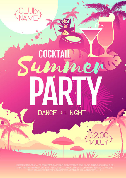 Colorido cartel de fiesta disco cóctel de verano con hojas tropicales fluorescentes y flamenco. Fondo de playa de verano
 - Vector, imagen