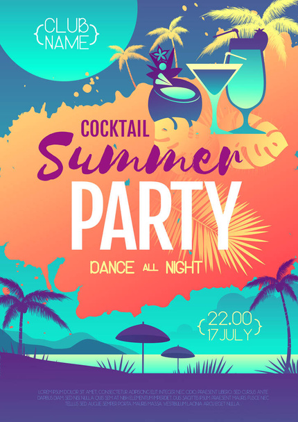 Kolorowy letni plakat imprezy dyskotekowej z fluorescencyjnymi liśćmi tropikalnymi i flamingiem. Summertime tło plaży - Wektor, obraz