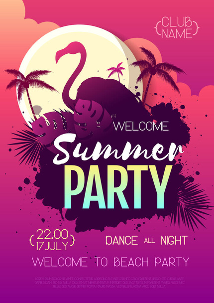 Buntes Sommerdisco-Party-Poster mit fluoreszierenden tropischen Blättern und Flamingo. Strandhintergrund im Sommer - Vektor, Bild
