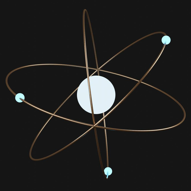 中心に原子核を持ち、陽子、中性子、電子で囲まれた原子模型構造の3Dレンダリング。円と黒の背景に浮かんでいる光のボール。科学化学概念. - 写真・画像