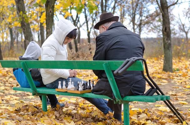 τρεις γενιές μιας οικογένειας που παίζει σκάκι στο πάρκο beanch - Φωτογραφία, εικόνα