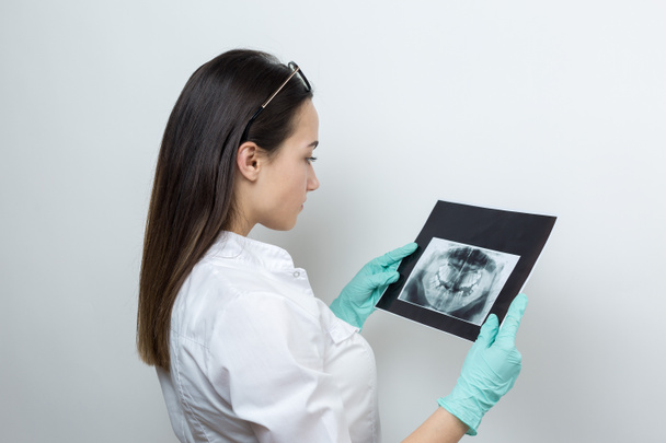 Το κορίτσι οδοντίατρος σε ένα λευκό παλτό κρατά μια φωτογραφία των δοντιών του ασθενούς. - Φωτογραφία, εικόνα