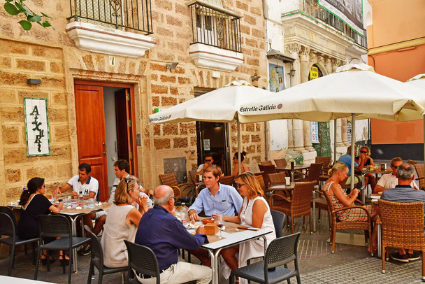 Cadiz; Spain - august 28 2019 : restaurant in the historical city centre - Valokuva, kuva