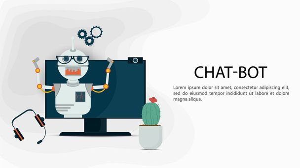 Banner, Virtuelle Hilfe Chatbot, mit Brille auf einem Monitor, auf weißem Hintergrund Für eine Website oder mobile Apps, Konzept der künstlichen Intelligenz, Flat Vector Illustration - Vektor, Bild