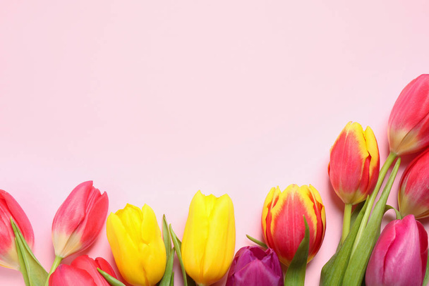 Beautiful spring tulips on pink background, flat lay. Space for text - Fotó, kép