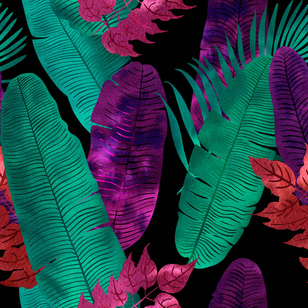 Tropische Blätter Neon-Aquarell schwarz. Farne, Fitter, Fächerpalme. Leuchtend rosa, türkis, blau, violett. Rahmen für Text. Grußkarte - Foto, Bild