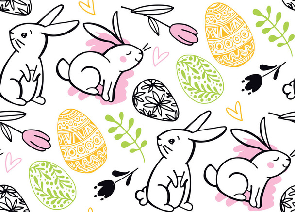 Vrolijk Pasen! Handgetekende doodle patroon achtergrond textiel. Paashaas, paaseieren, paasvakantie. - Vector, afbeelding