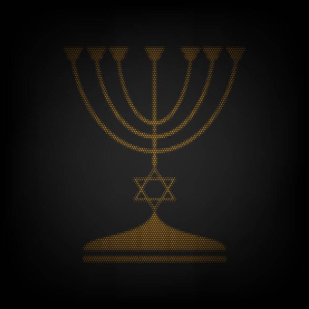 Castiçal Menorah judeu em silhueta preta. Ícone como grade de pequena lâmpada laranja na escuridão
. - Vetor, Imagem