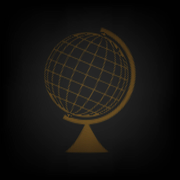 Earth Globe Zeichen. Ikone als Gitter aus kleinen orangen Glühbirnen in der Dunkelheit. - Vektor, Bild