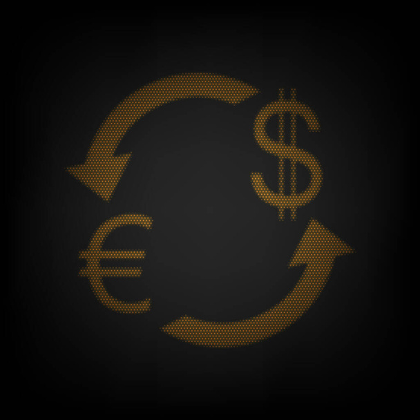 Wisselkoersbord. Euro en Dollar. Ikoon als raster van kleine oranje gloeilamp in het donker. - Vector, afbeelding