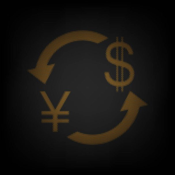 Signo de cambio de divisas. Yen de Japón y dólar estadounidense. Icono como rejilla de pequeña bombilla naranja en la oscuridad
. - Vector, imagen