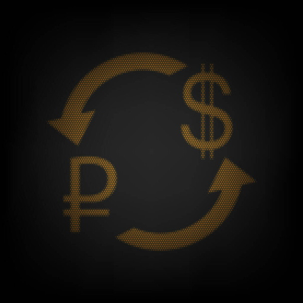 Currency exchange sign. Ruble and US Dollar. Icon as grid of small orange light bulb in darkness. - Vector, Image