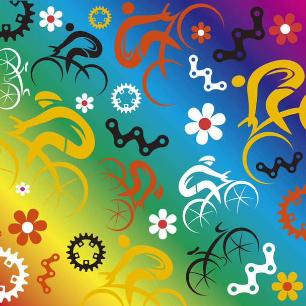Funny Spring cycling icons decorative background.Illustration with cycling symbols on rainbow background. Vector available. - Vector, Image