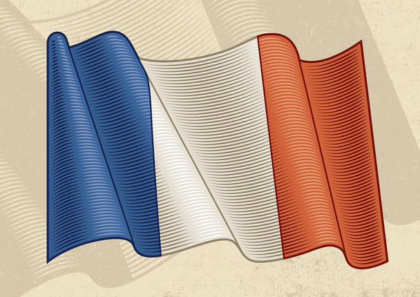 A francia évjárat zászlaja. Szerkeszthető EPS8 vektor illusztráció vágó maszkkal fametszet stílusban. - Vektor, kép