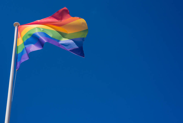 LGBT trots vlag zwaaiend in de blauwe lucht  - Foto, afbeelding