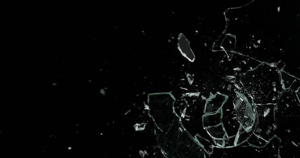 Broken cracks glass fracture effect texture isolated abstract black background. Bullet cracked window with big hole screen mirror weapon shot. - Foto, Imagem