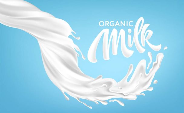 Realistic splashes of milk on a blue background. Organic Milk Handwriting Lettering Calligraphy Lettering. Vector illustration - Wektor, obraz