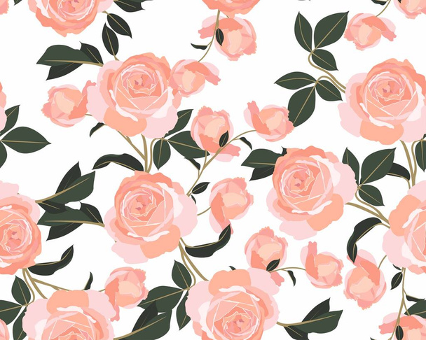 Shabby chic rose pattern. Scrap booking floral seamless orange flowers on white background. Graphic vintage print. Small floral pattern for fabric. - Vector, Image