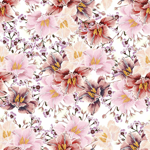 Patrón sin costuras con muchos tipos de hierbas y tulipanes esponjosos flores sobre fondo blanco. Patrón floral para papel pintado o tela
. - Vector, Imagen