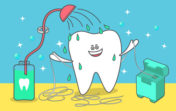 Cartoon tooth is taking a shower with a mouthwash and dental floss. Flossing, rinsing, cleaning teeth. Dental care and hygiene illustration for kids.  - Vector, afbeelding