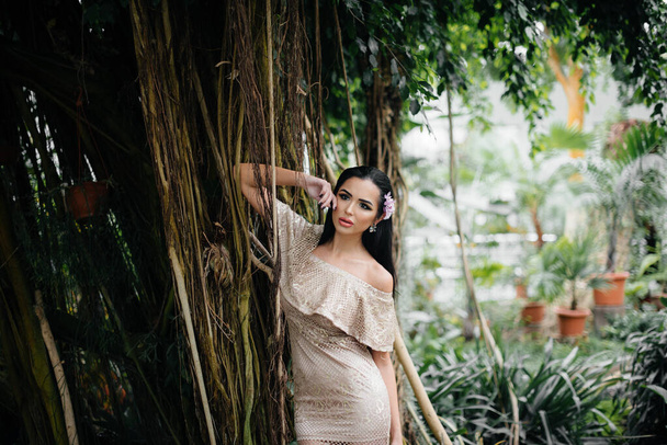 A young beautiful brunette posing among dense thickets of jungle and rainforest. Spa - Фото, изображение