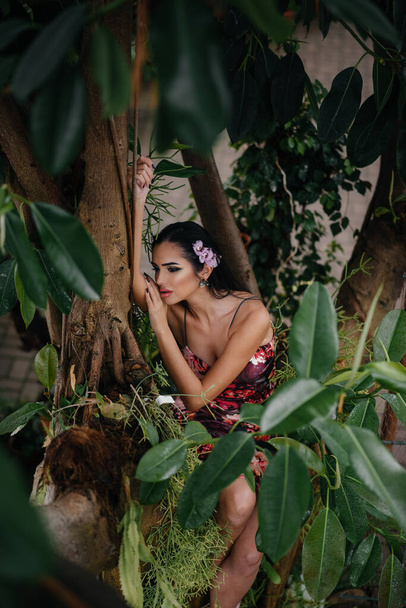 A young beautiful brunette posing among dense thickets of jungle and rainforest. Spa - Fotó, kép