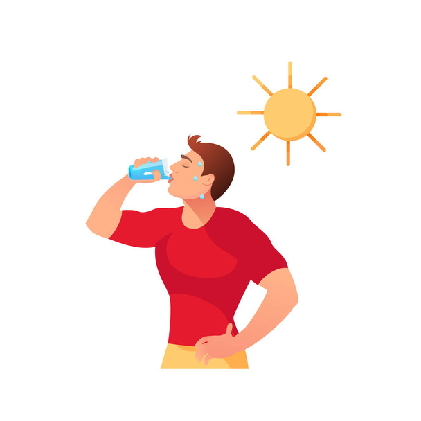 A young man drinks water under the scorching sun isolated on a white background. Vector illustration - Vector, Image