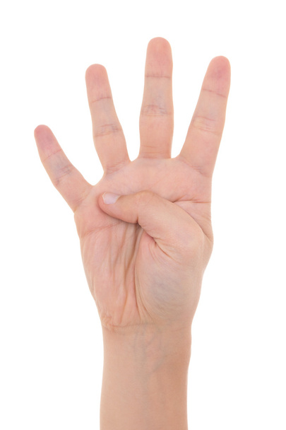 hombre mano mostrando cuatro dedos aislados en blanco - Foto, Imagen
