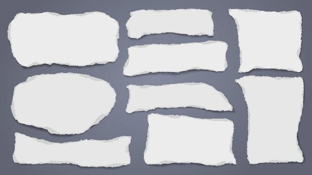 Nota bianca strappata, strisce di carta del taccuino, pezzi attaccati su sfondo blu scuro. Illustrazione vettoriale
 - Vettoriali, immagini