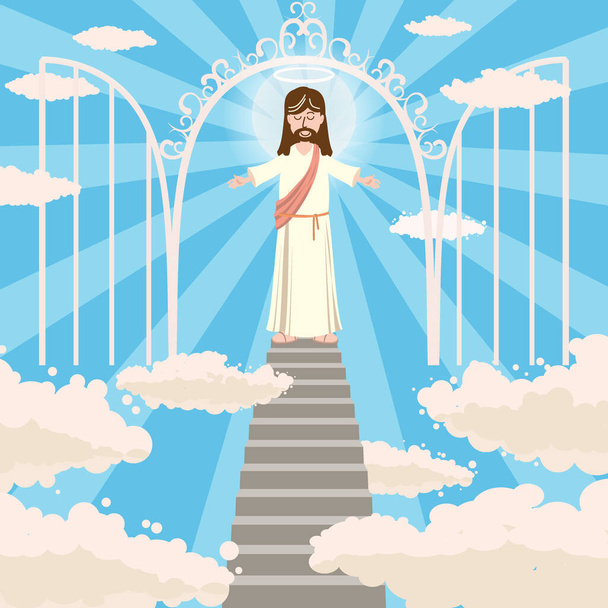 God, Jesus christian religion, grace, good, Biblical ascension on the top of the stairs in the clouds the gates of paradise concept. Character of Jesus christ, the son of god concept sketch. Isolated - Вектор, зображення