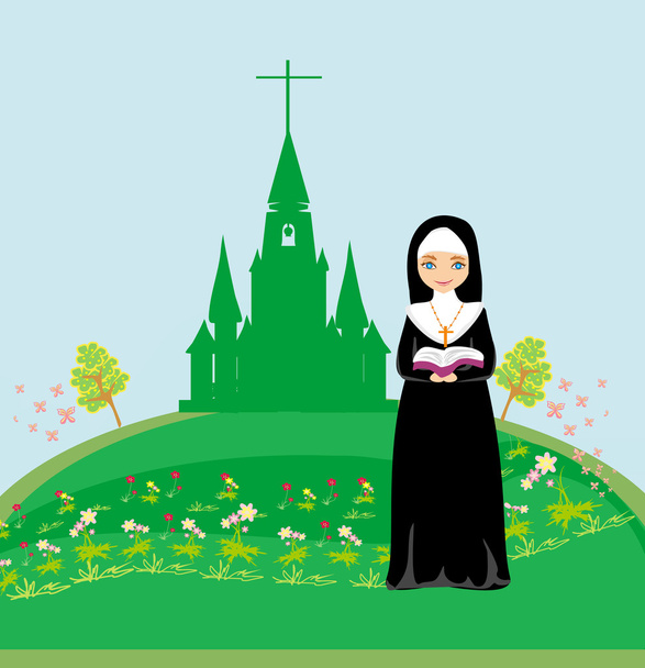 Nun praying in front of the church - Vetor, Imagem