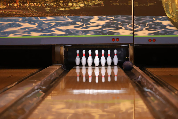 Bowling hall, white clubs in bowling alley. - Photo, Image